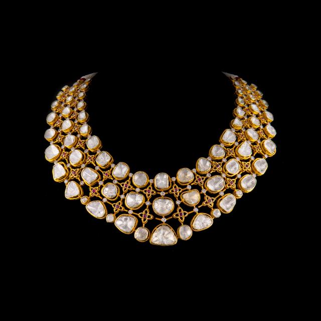 Grand 18K Gold Polki Bridal Necklace Set with Diamond and Ruby Accents