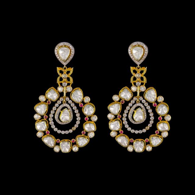 Grand 18K Gold Polki Bridal Necklace Set with Diamond and Ruby Accents