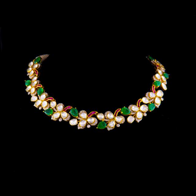 18K Gold Floral Polki Necklace Set with Emerald Drops & Ruby Accents