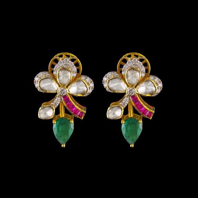 18K Gold Floral Polki Necklace Set with Emerald Drops & Ruby Accents