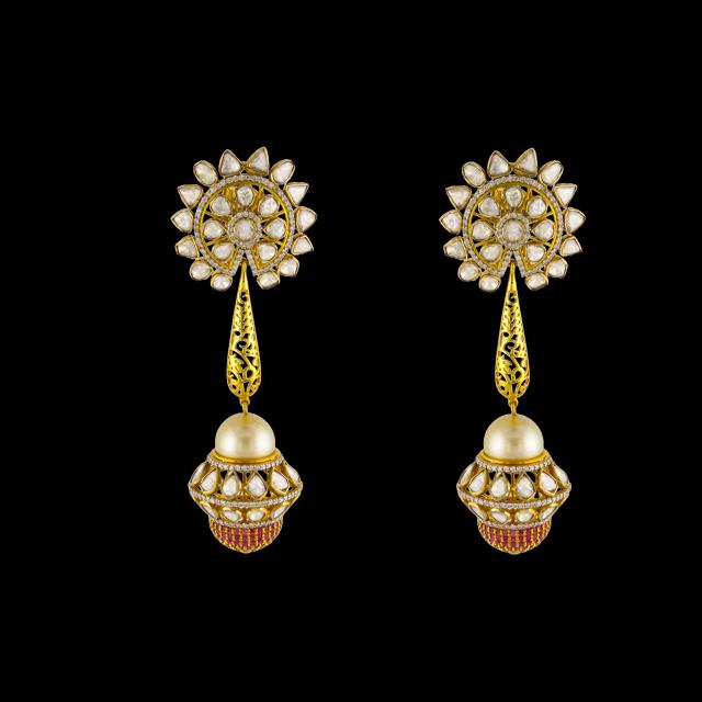 18K Gold Polki Earrings with Filigree Work & Pearl Jhumka Drops