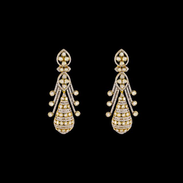 18K Gold Polki & Diamond Drop Earrings with Multi-Layered Arch Design