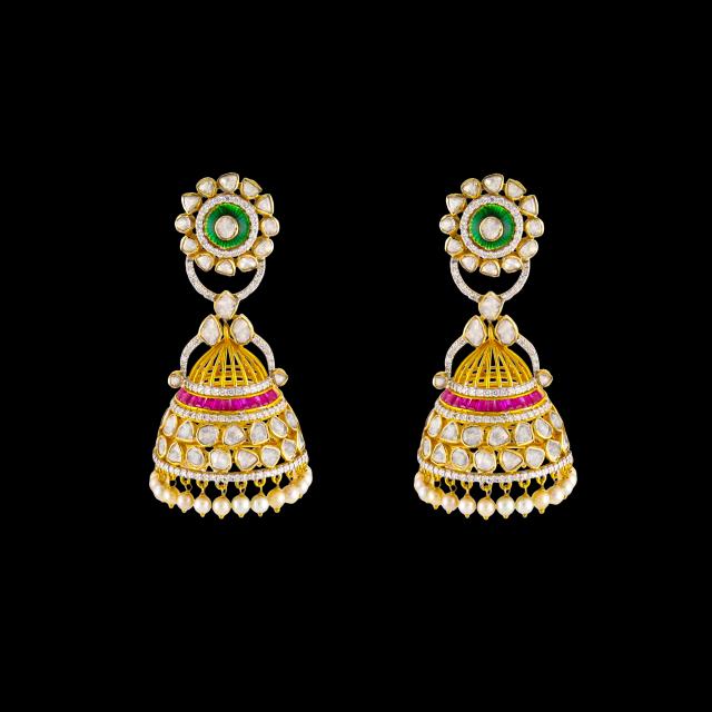 18K Gold Jhumka Earrings with Emerald Meena & Ruby Accents