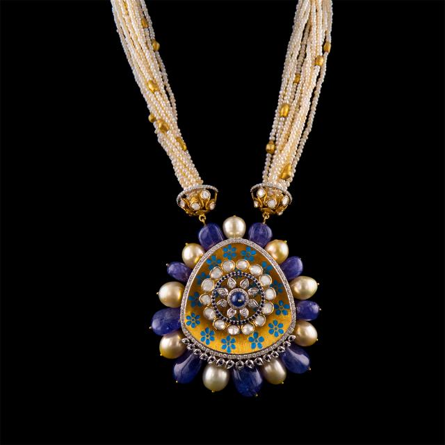 Royal Blue Meenakari Pearl Necklace & Earrings Set with Kundan and Enamel Detailing