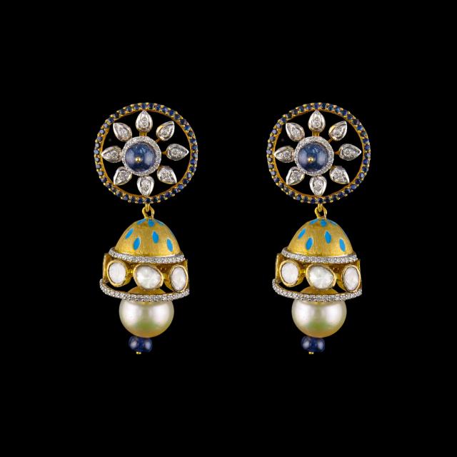 Royal Blue Meenakari Pearl Necklace & Earrings Set with Kundan and Enamel Detailing